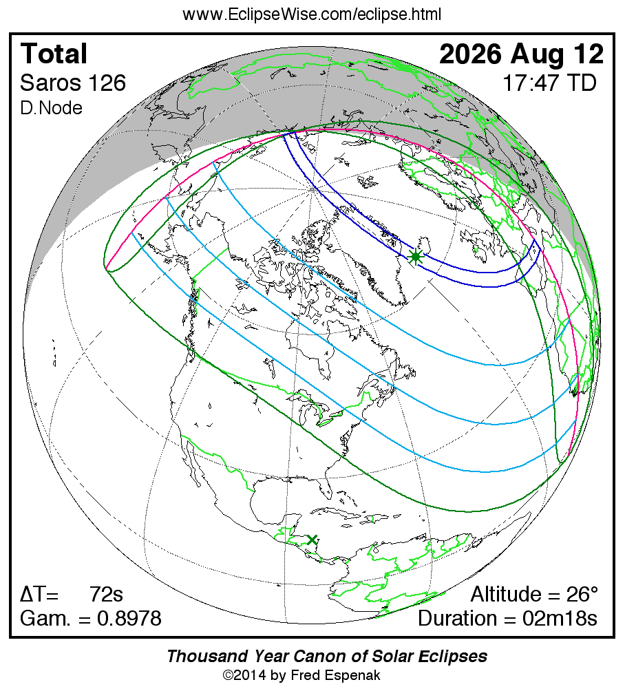 3D Solar eclipse map of August 12th 2026. // Solar Eclipse Global Animation by Fred Espenak and Michael Zeiler is licensed under a Creative Commons Attribution-NoDerivatives 4.0 International License. Based on work at EclipseWise.com and GreatAmericanEclipse.com